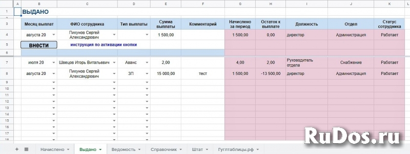 Зарплатная ведомость. Готовый шаблон в гугл таблицах. фотка