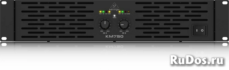 Behringer KM750 усилитель 2-канальный. Мощность (на канал): 400Вт•4Ом, 200Вт•8Ом, мост 750Вт•4Ом, XLR/Jack/RCA, клеммный зажим+Speakon, лимитер фото