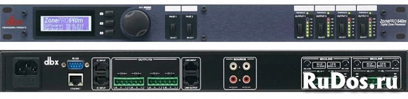 dbx 640m аудио процессор для многозонных систем. 6 входов - 4 балансных мик/лин Phoenix, 2 RCA, 4 балансных Phoenix выхода, управление - ЖК дисплей на лицевой панели, GUI интерфейс - с компьютера. 2 порта для подключения контроллеров ZC (до 12 шт) фото
