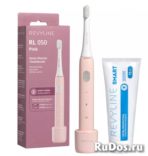 Розовая звуковая щетка Revyline RL060 с 4 режимами и зубной пасто фото