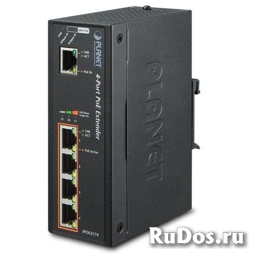 Удлинитель Planet IPOE-E174 промышленный, IP30 1-Port GE 60W Ultra POE to 4-Port 802.3af/at (-40 to 75 C) фото