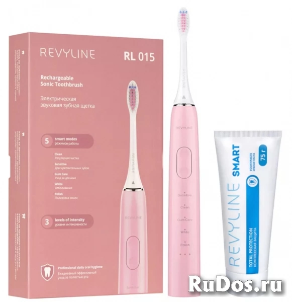 Звуковая зубная щетка с 5 режимами Revyline RL015, розовая, + пас фото