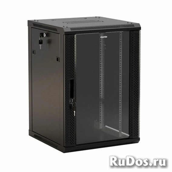 Hyperline TWB-1545-GP-RAL9004 Шкаф настенный 19-дюймовый (19quot;), 15U, 775x600х450мм, стеклянная дверь с перфорацией по бокам, ручка с замком, цвет черный (RAL 9004) (разобранный) фото